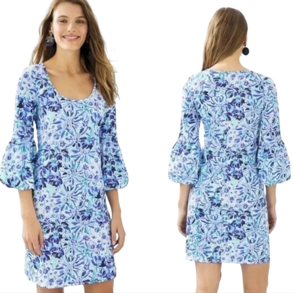 Lilly Pulitzer Carlile Small Blue Iris High Mainten Blouson Sleeve Pima Beach S - Picture 2 of 13